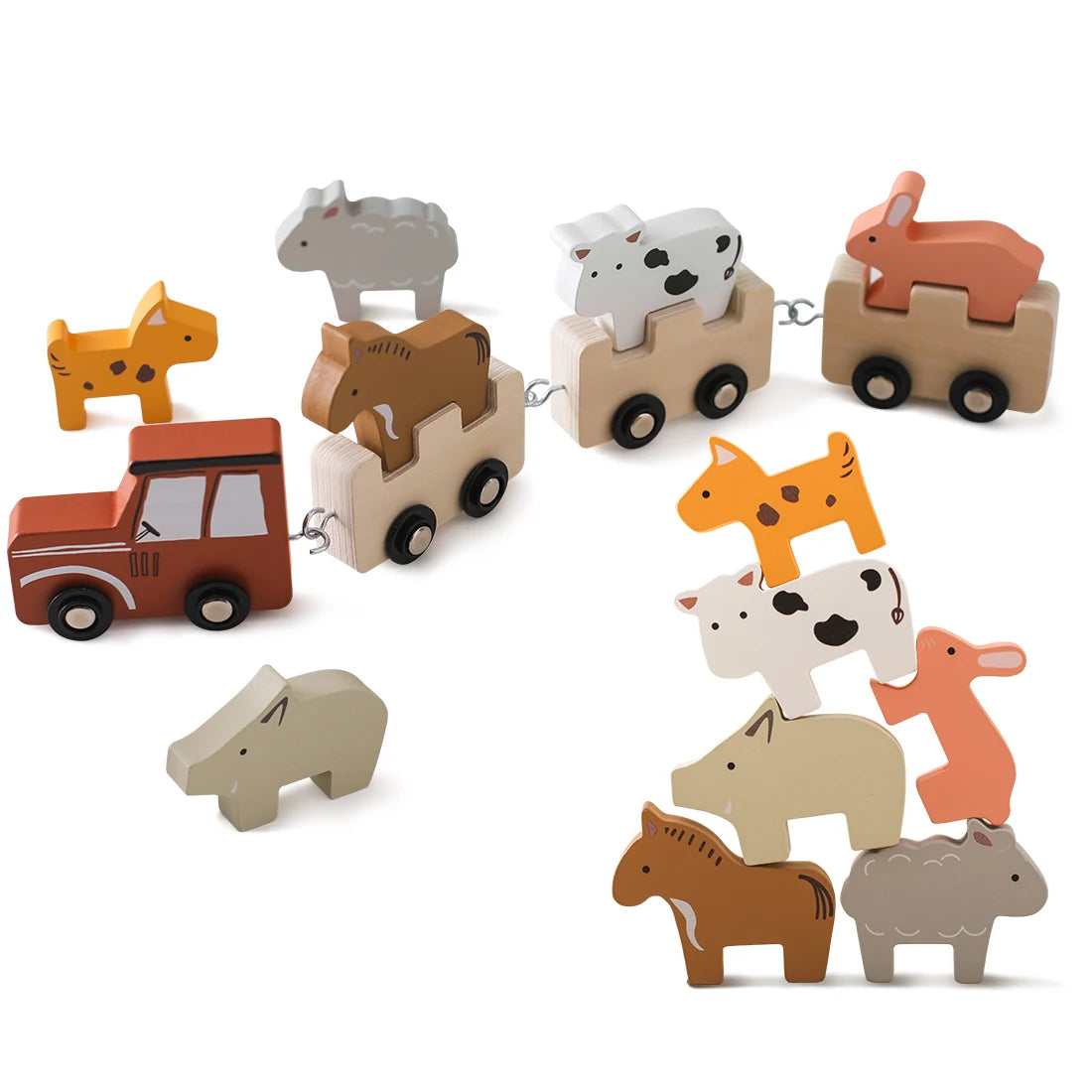 Colorful Wooden Push Train Toy with 6pcs Farm Animal Figurines Multiple And Functional Toy- Baby & Children's Gift Nursery Decor